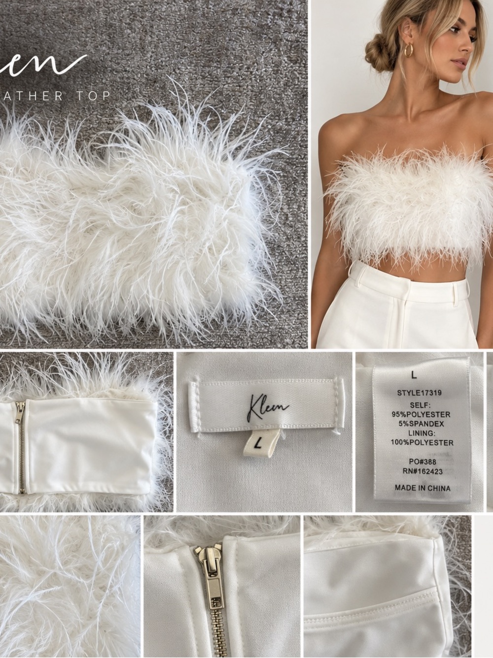 Klesis White Feather Strapless Crop Top